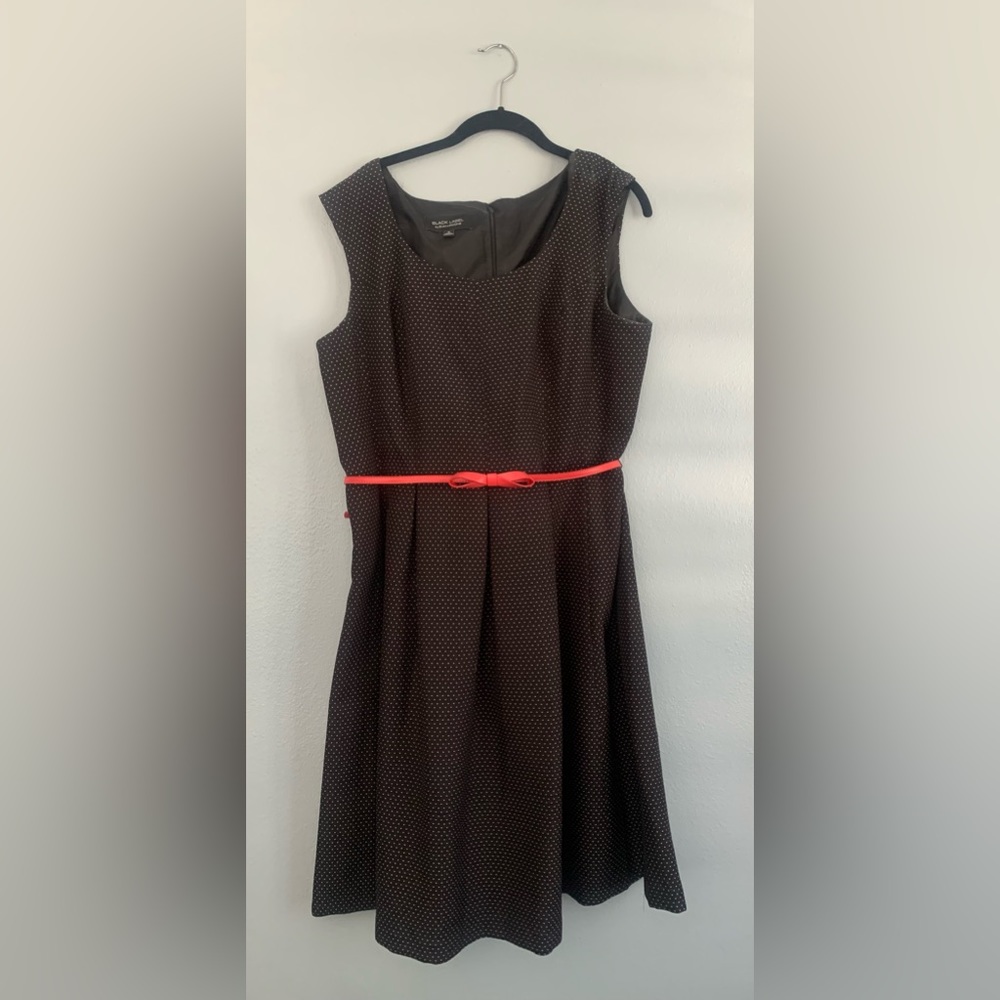 Black Label by Evan Picone Womens Fit Flare Dress Black White Dots w/ Belt